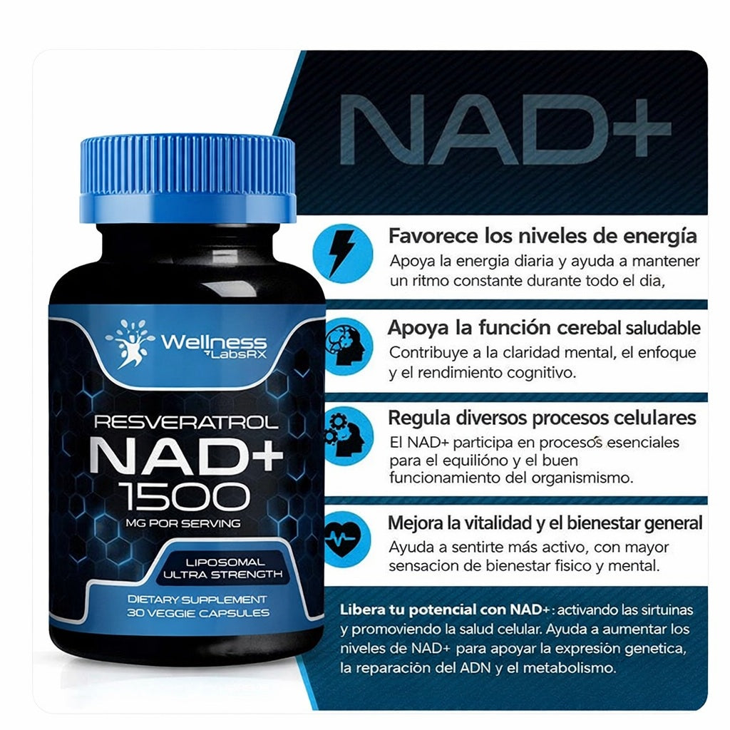 NAD+ (Nicotinamida Adenina Dinucleótido) Liposomal + Resveratrol: energía celular y longevidad, desde dentro